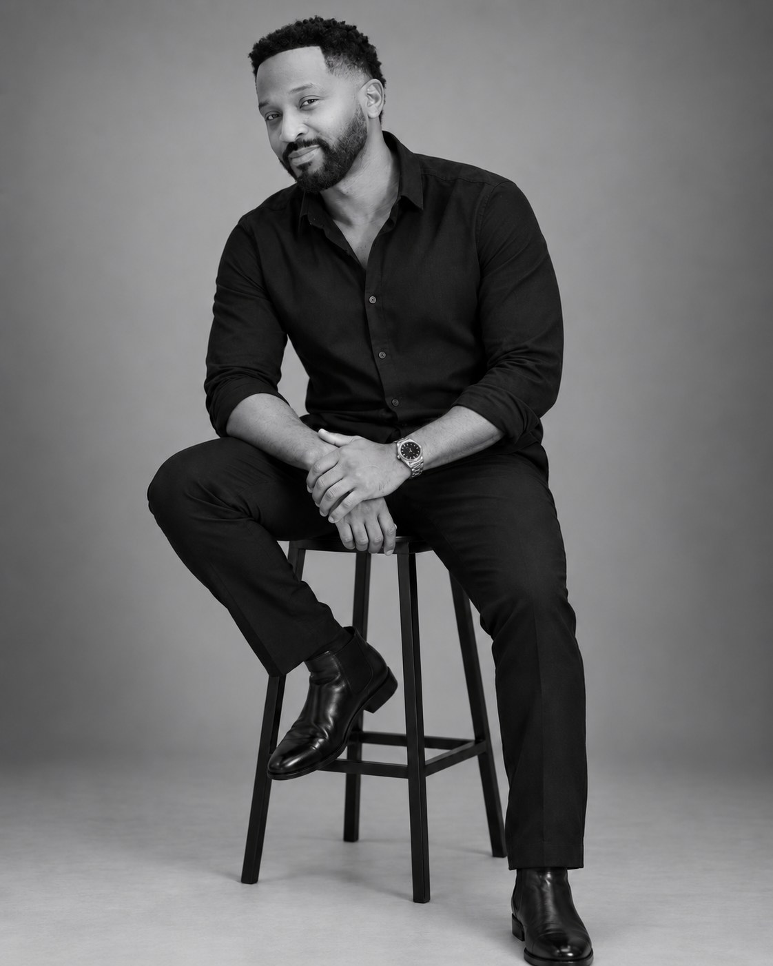 Xavier Paul B, founder of Cinewaltam, full black-and-white portrait